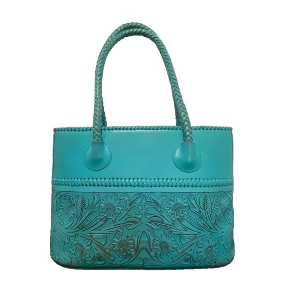 Alexandro Yeo Mexican Leather Tooled Embossed Turquoise Tote Braided Handle - Picture 16 of 16
